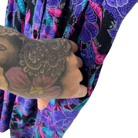 Vintage 90s Jewel Tone Button Up Floral Print Sheath Dress Small - Picture 4 of 12